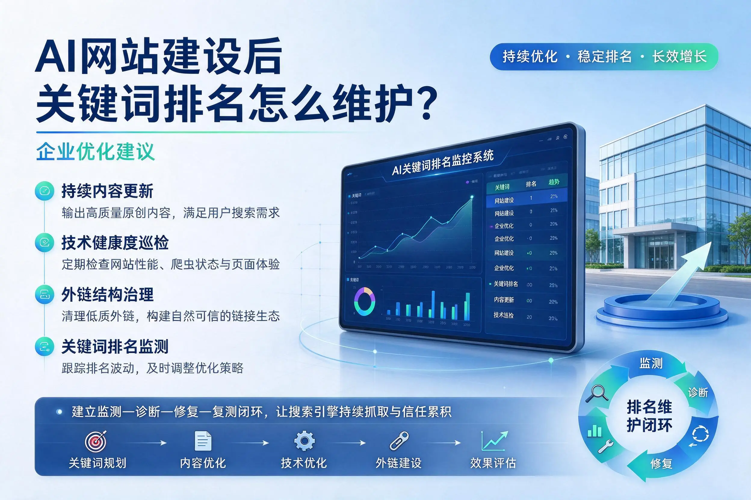 AI网站建设后关键词排名怎么维护?桂林企业优化建议